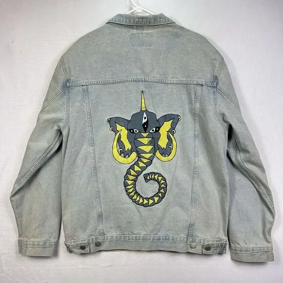 Pance News Denim Trucker Jacket Womens 3XL Light Blue Embroidered Elephant Rare - Picture 1 of 12